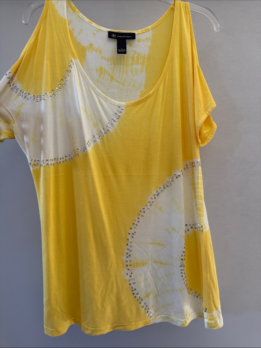 INC International Concepts Yellow and White Tie Dye Cold Shoulder Tee Bedazzled